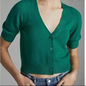 Maeve Anthropologie Green 100% Cashmere Cropped Cardigan with Buttons